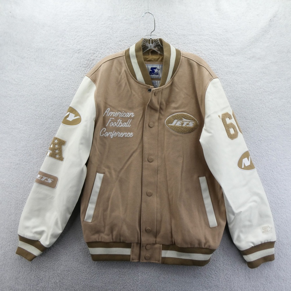 Starter Varsity Jacket Mens Large New York Jets Tan Cream Y2K AFC Faux Leather L
